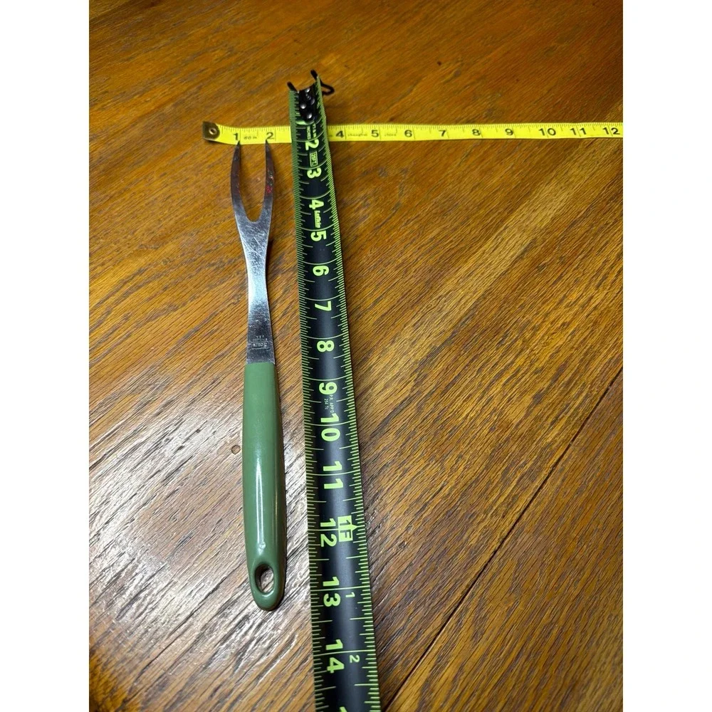 Vintage Sears Stainless Steel Meat Fork Green Handle Made in USA 2 Tine 8.75in